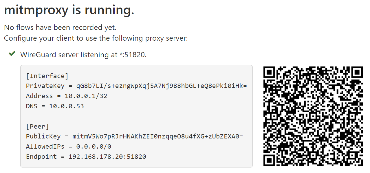 WireGuard configuration and scannable QR code as shown by mitmweb